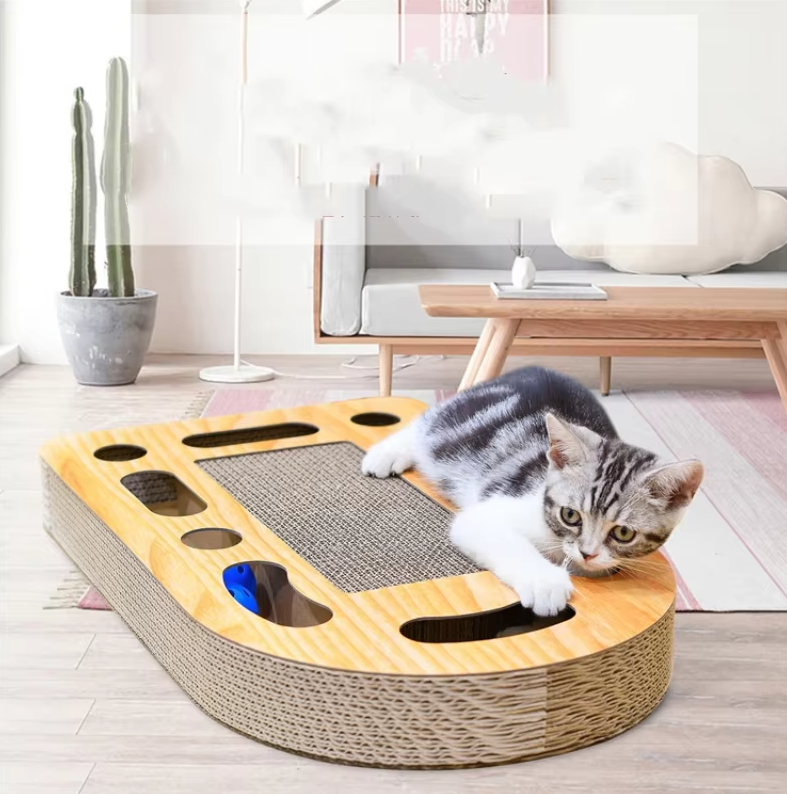 Brown cat scratching board with a built-in toy, made from durable cardboard and wood to protect furniture.