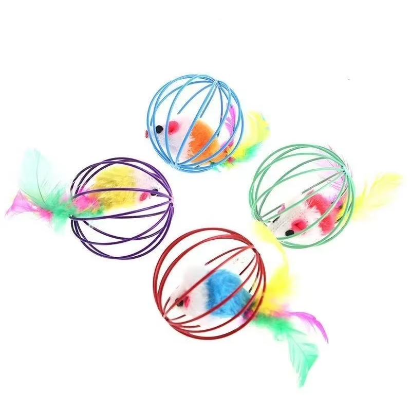 Boredom buster caged mouse cat toy with feather, providing mental stimulation for your pet.