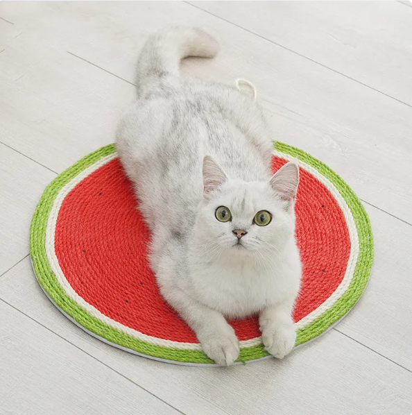 Avocado-themed cat scratch mat. Durable sisal for healthy claws, great for interactive pet play.