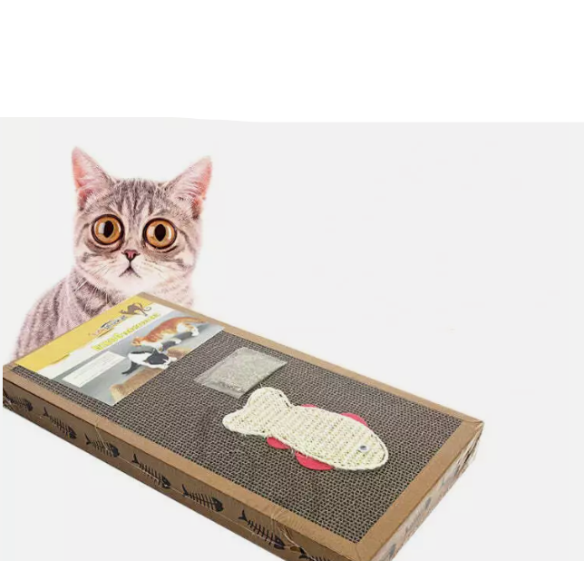 Eco-friendly cat scratching mat made of durable cardboard, featuring a playful fish toy for healthy claws.