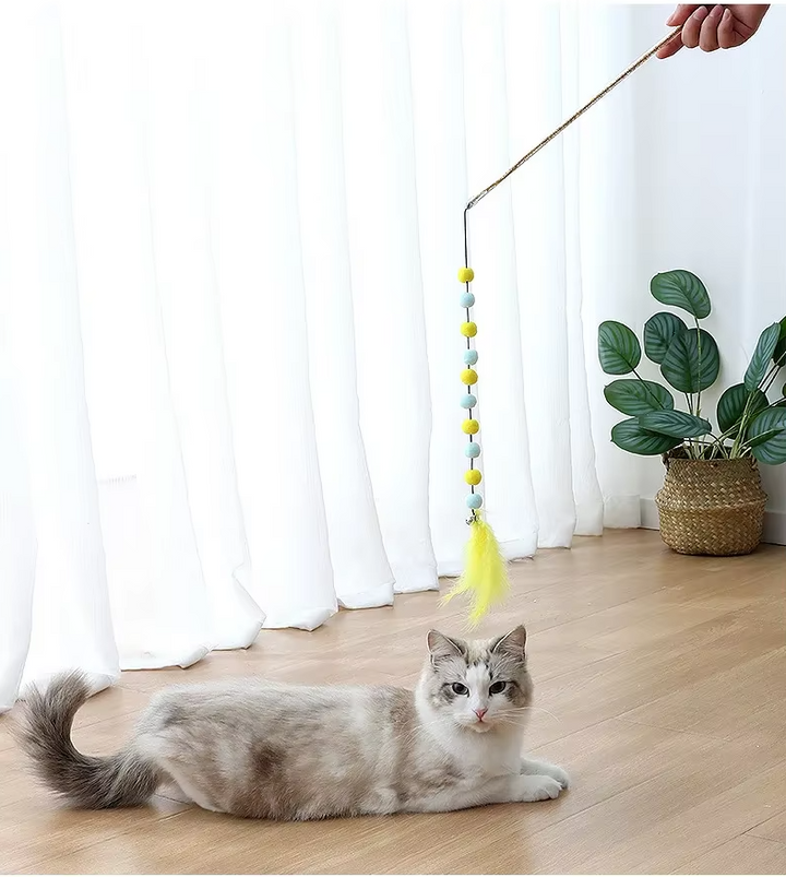 Kitten playing with an interactive cat fishing rod featuring a fluffy pom-pom and vibrant feathers for fun.