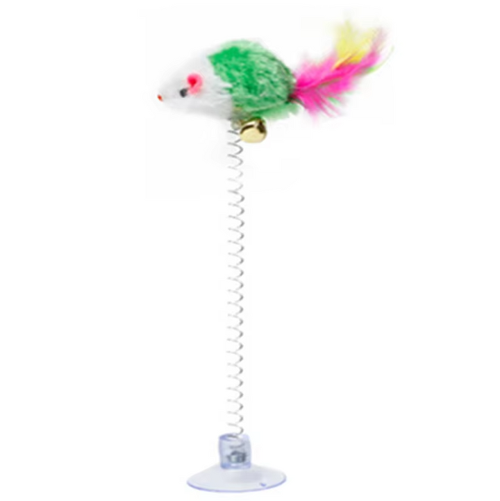 Suction cup cat toy: springy mouse offers interactive fun & enrichment for active cats & playful kittens.