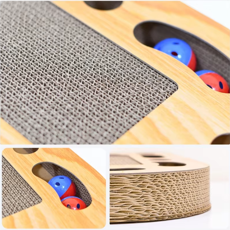 Interactive cat scratching board: durable cardboard & wood mat with a fun toy, perfect for feline play & claws.