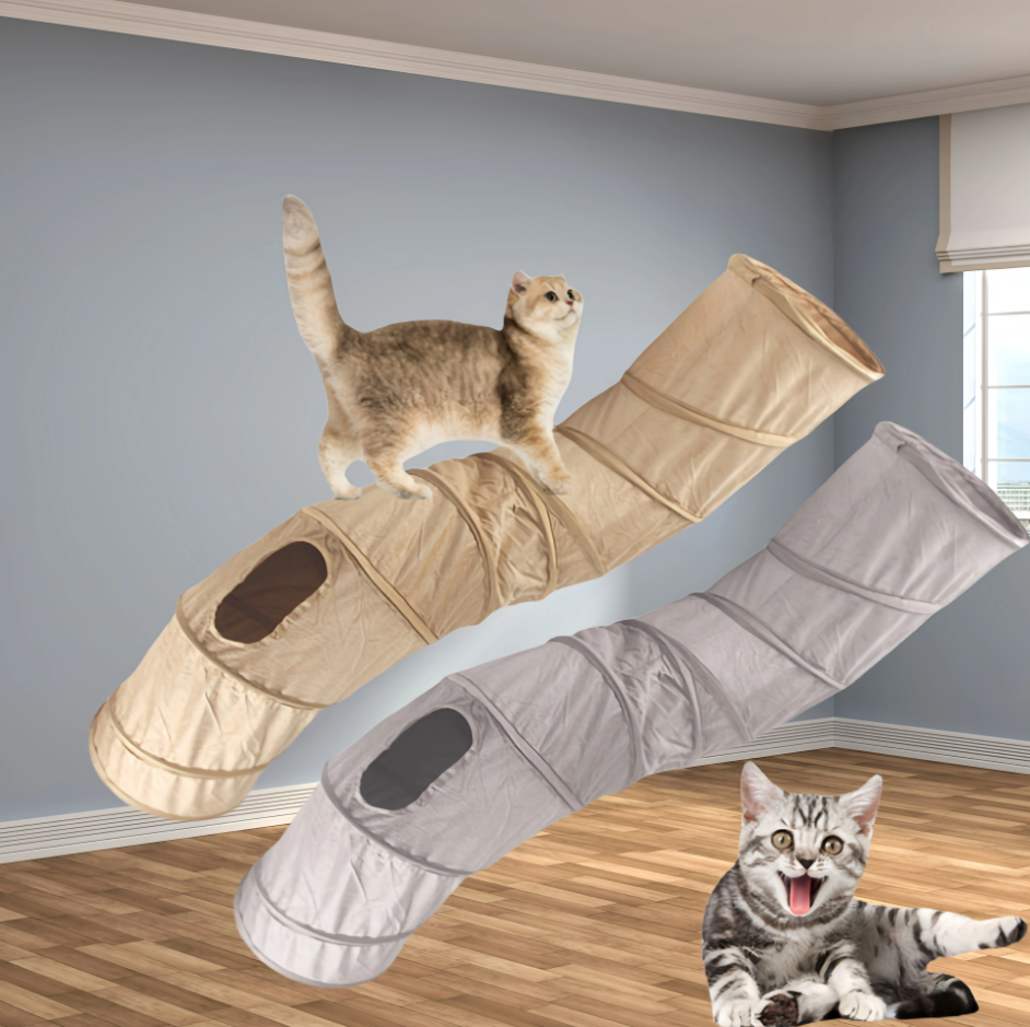 Foldable cat play tunnel encourages active indoor play & exploration. Features a viewing window for curious felines.