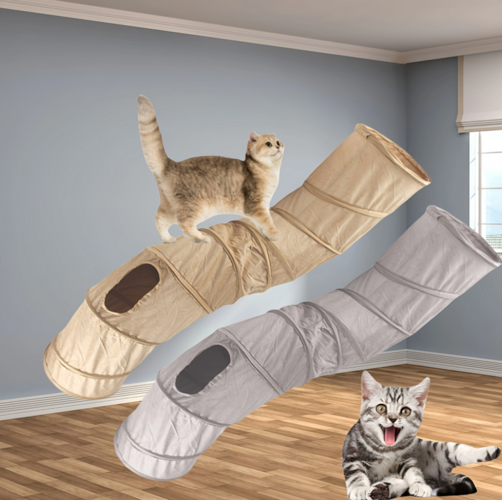 Foldable cat play tunnel encourages active indoor play & exploration. Features a viewing window for curious felines.