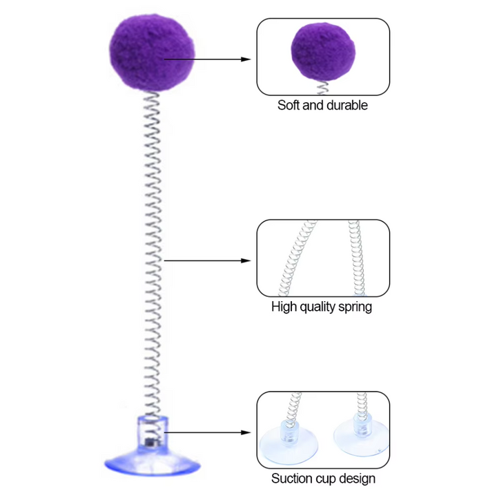 Suction cup shuttlecock cat toy for windows/floors, providing springy action and captivating feline entertainment.