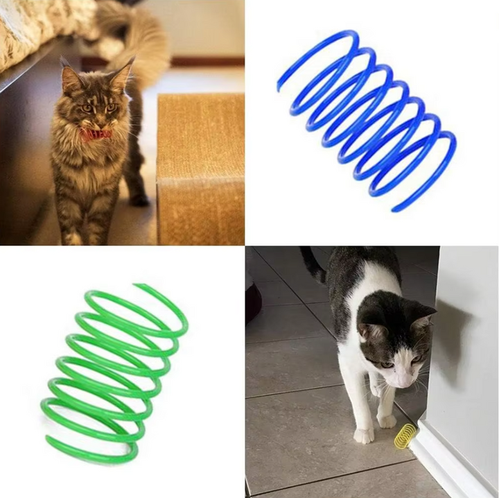 Bouncy spiral feather spring cat toys in various colors, 12-pack for endless kitten entertainment & indoor activity.