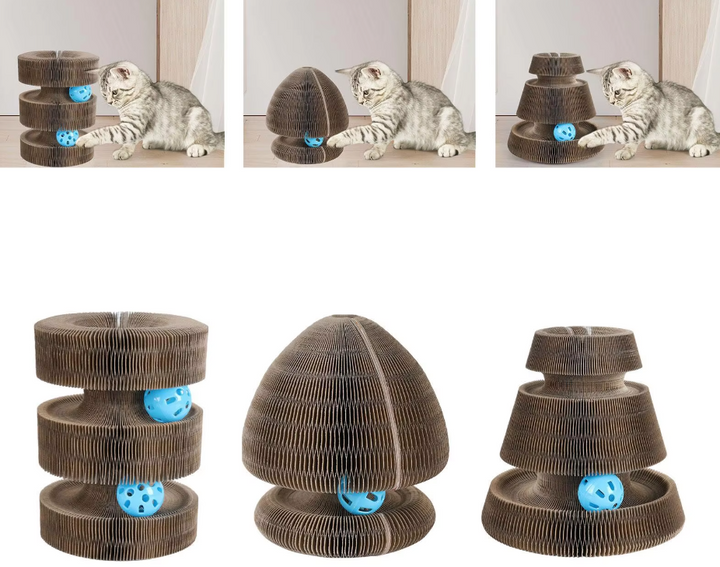 Fun cat interactive scratcher tower featuring a rotating ball track for endless feline entertainment.