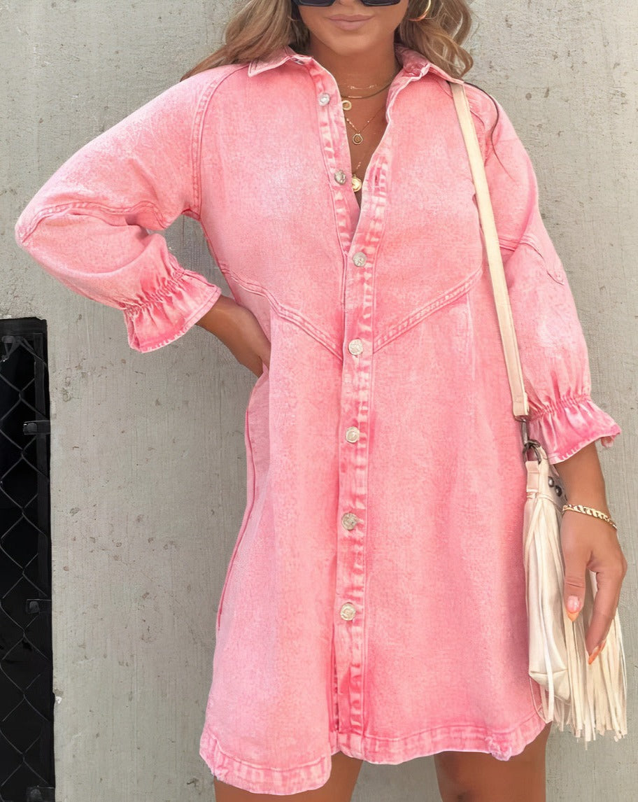 Black button-down denim mini dress, a stylish and comfortable women's casual dress.