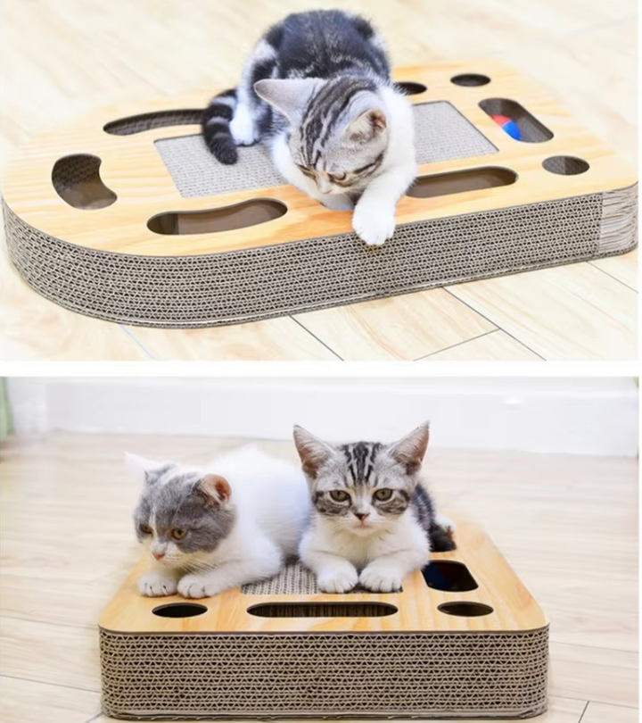 Sturdy brown cat scratching board with a toy, crafted from durable cardboard & wood to save your furniture.