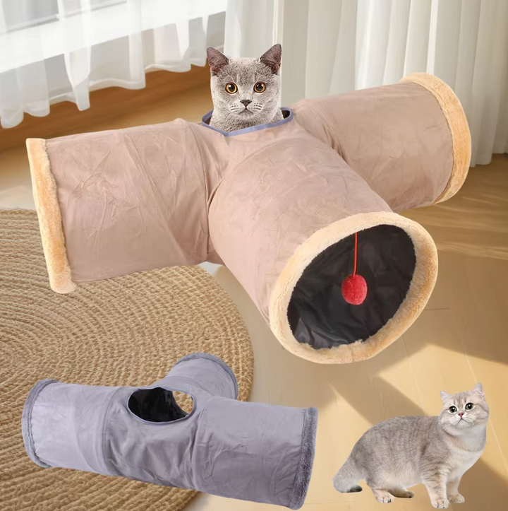 Cat entertainment tunnel with a peekaboo viewing window. Provides a fun hideaway & interactive activity for indoor cats.