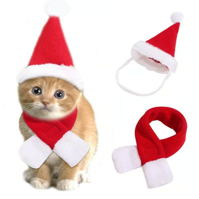 Super cute pet Christmas hat & scarf set, perfect for festive dog & cat photos & holiday parties.