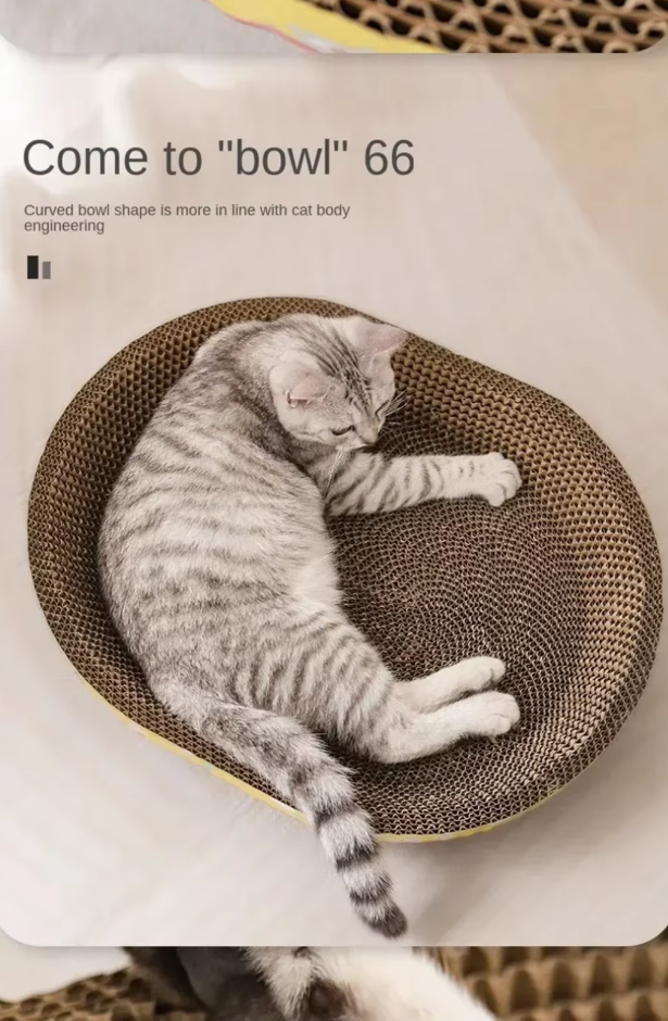 Spacious cat lounge bed with corrugated cardboard scratch mat. A cozy pet bed and furniture saver.