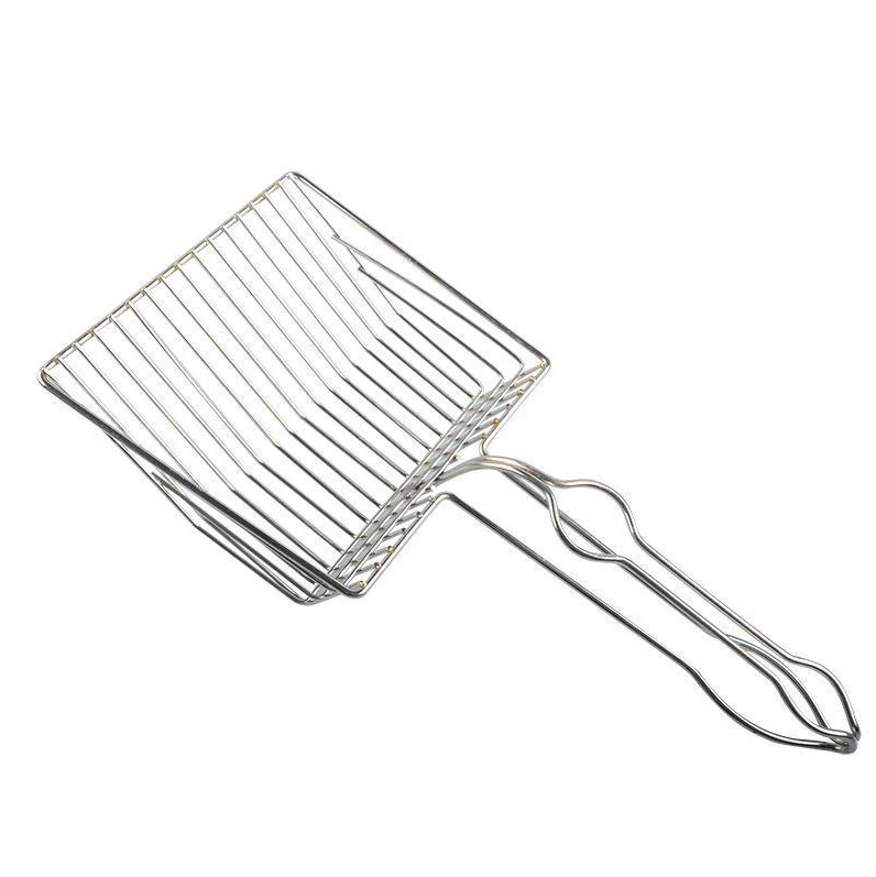 Slotted stainless steel cat litter scoop for quick waste sifting, durable & easy to clean pet supplies.