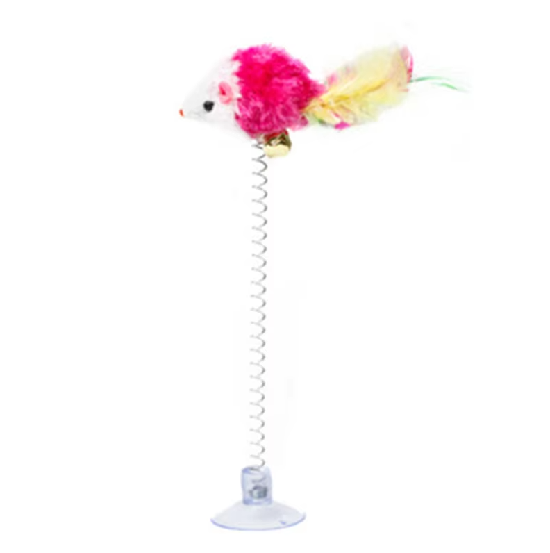 Engaging spring mouse cat toy with suction cup. Provides interactive play & mental enrichment for kittens.
