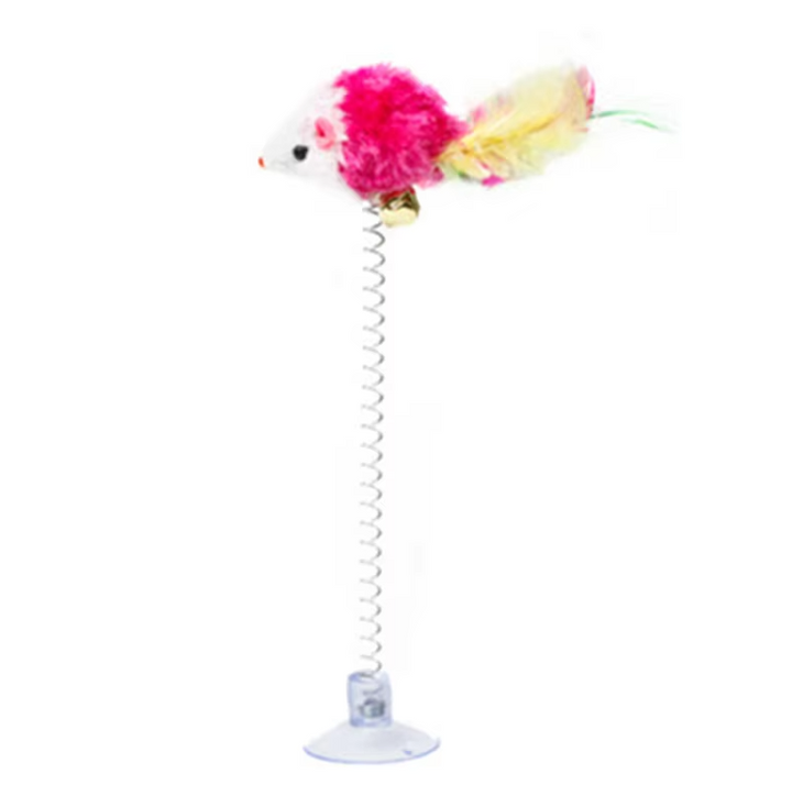 Engaging spring mouse cat toy with suction cup. Provides interactive play & mental enrichment for kittens.