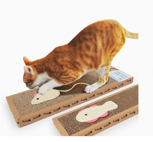 Durable cat scratching mat with corrugated cardboard surface and a fun fish toy for feline claw care.