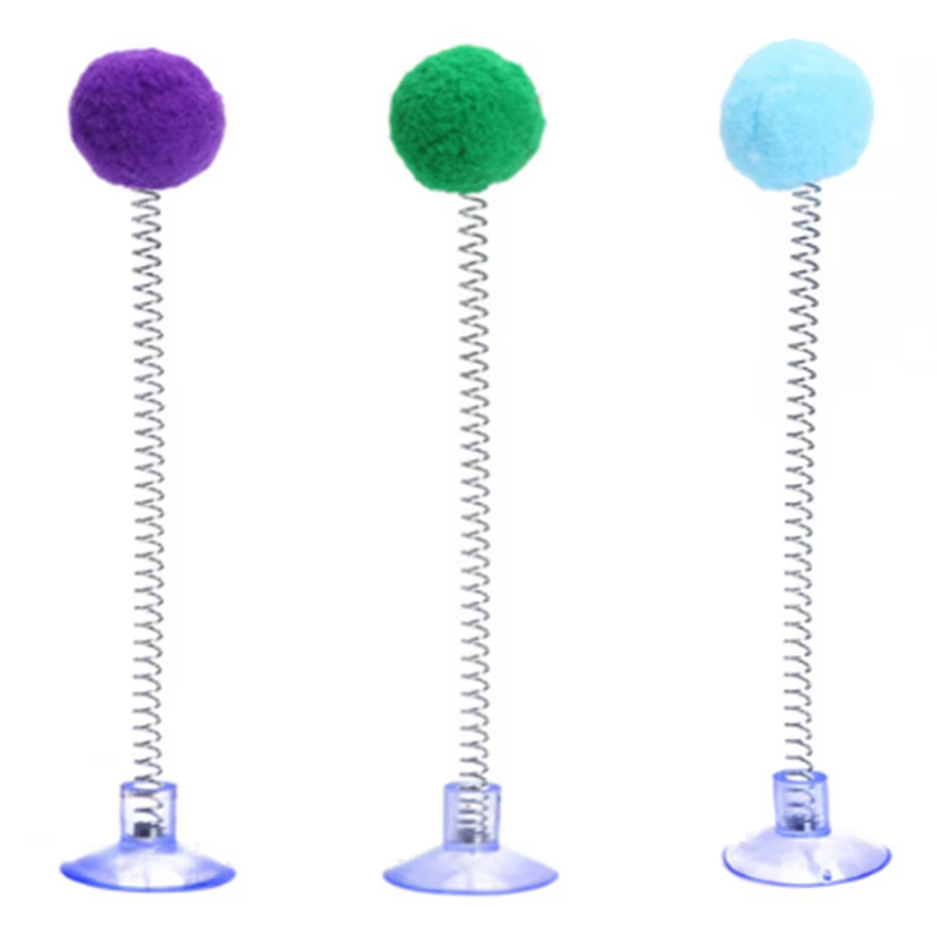 Fun cat toy with a secure suction cup and dangling shuttlecock, perfect for interactive feline playtime.