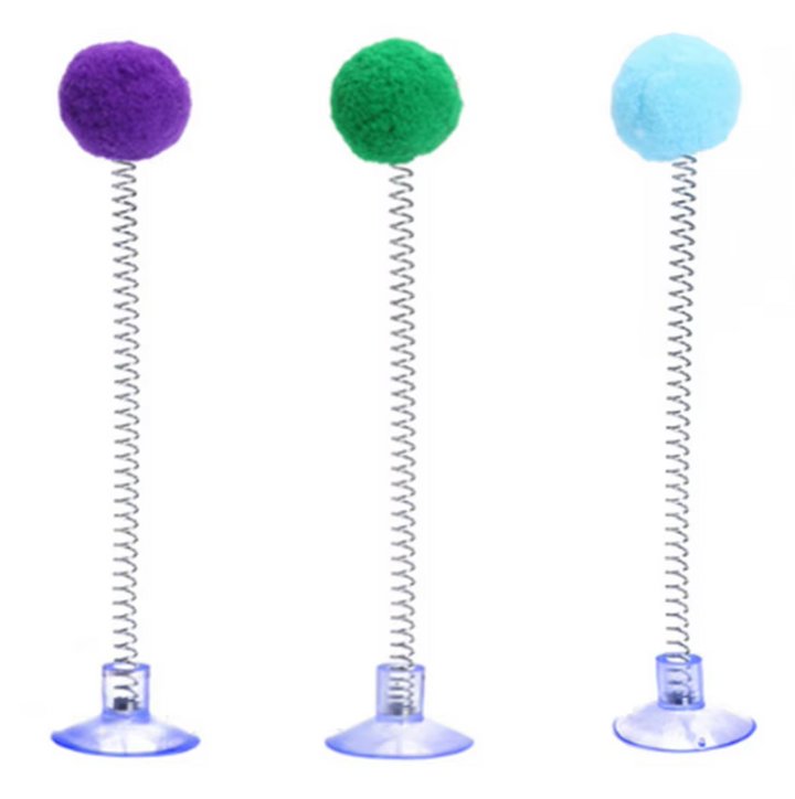 Fun cat toy with a secure suction cup and dangling shuttlecock, perfect for interactive feline playtime.