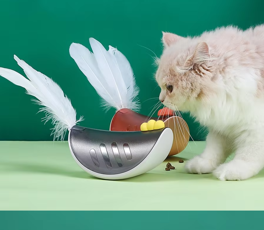 Interactive cat toy with spinning feathers & treat dispenser for active felines. Promotes playful enrichment.