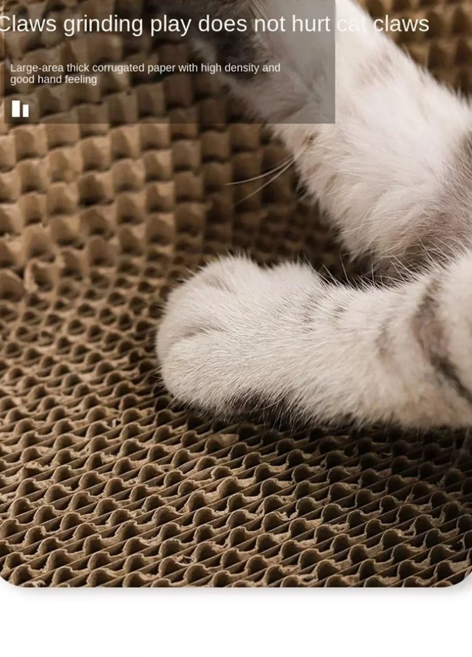 Highly scratchable corrugated cardboard pet bed & cat lounge. Provides feline comfort and saves furniture.