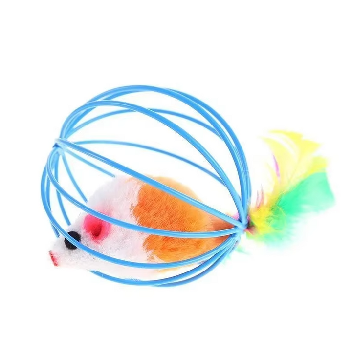 Playful interactive caged mouse toy with a real feather tail, encouraging feline hunting instincts.