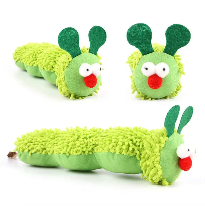 Green caterpillar plush cat toy, packed with stimulating catnip for hours of fun.