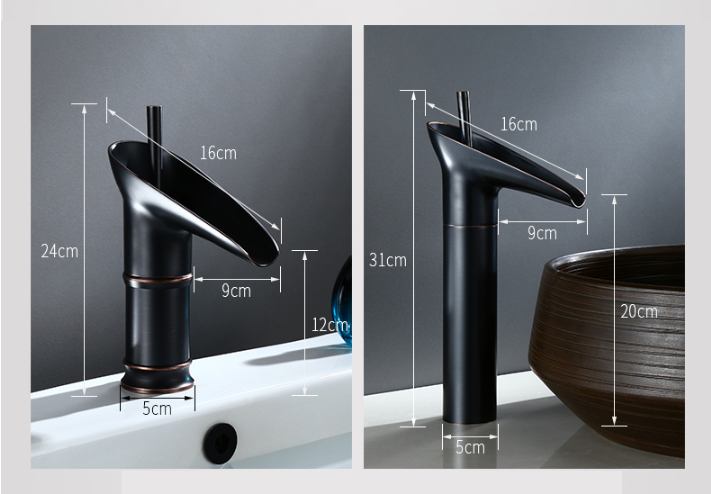 Designer brass waterfall bathroom tap, a statement piece for luxury interiors.