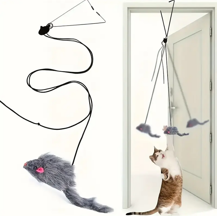 Interactive cat toy with a string mouse encouraging hunting instincts for active feline enrichment.