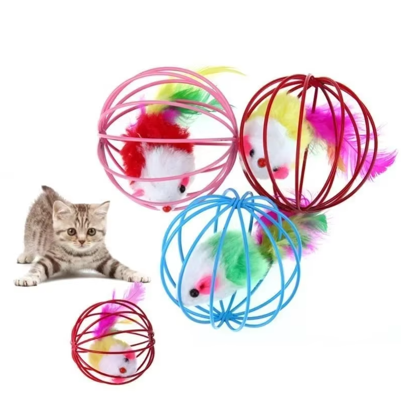 Interactive caged mouse cat toy with feather tail, perfect for feline exercise and pet play.