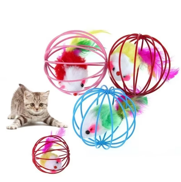 Interactive caged mouse cat toy with feather tail, perfect for feline exercise and pet play.