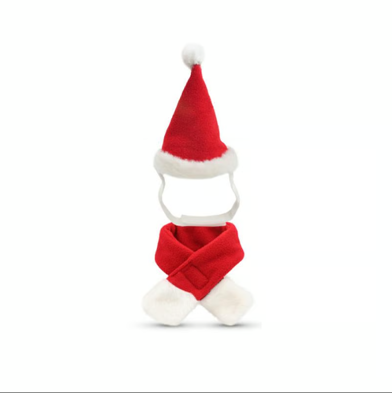 Red & white striped dog Christmas hat with pom-pom & matching scarf, a cute pet costume.