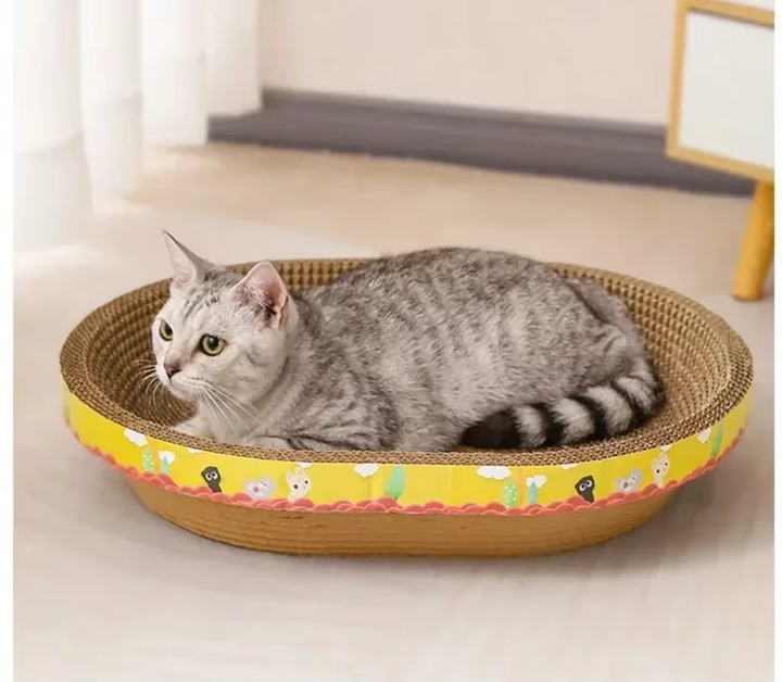 Stylish cat scratching lounge and comfort bed. Essential indoor cat accessory and furniture protector.