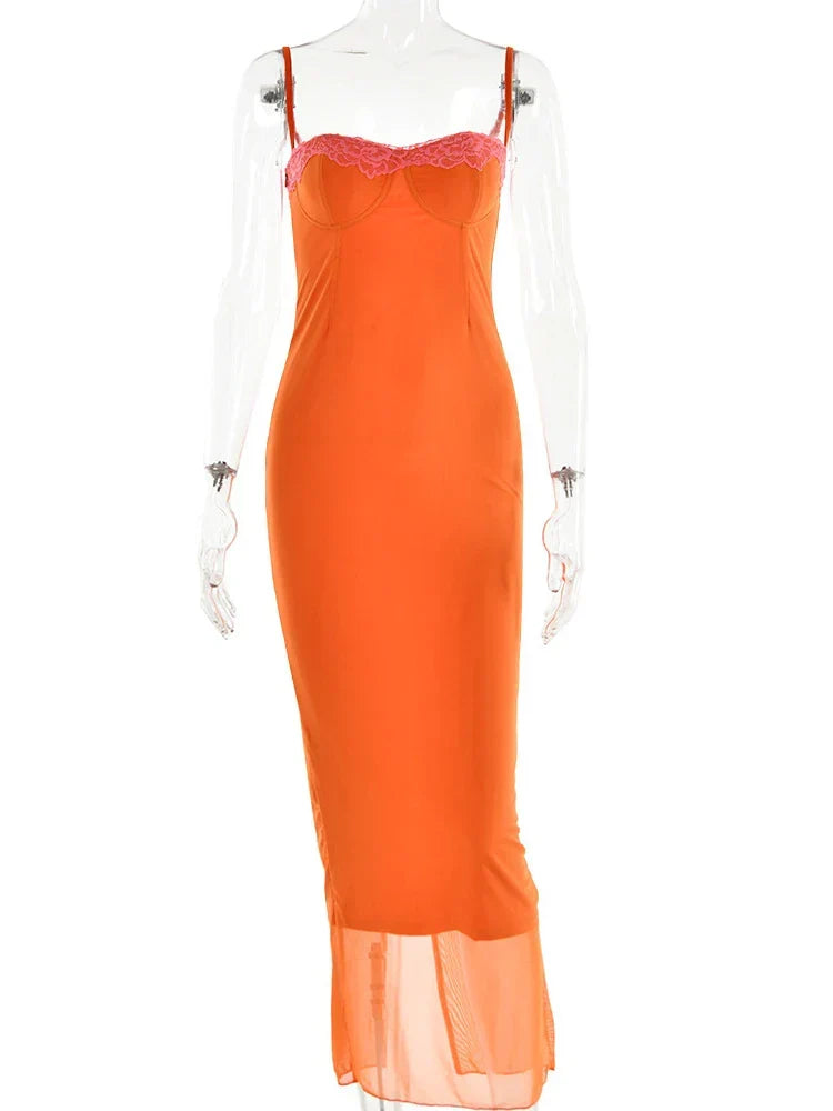 Women's elegant orange maxi dress, sleeveless V-neck design for special occasions, summer, and evening wear.