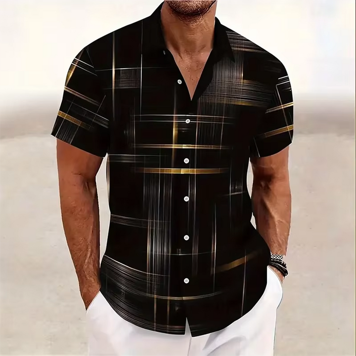 Stylish men's short-sleeve shirt with a geometric pattern, ideal for smart casual or everyday summer fashion.