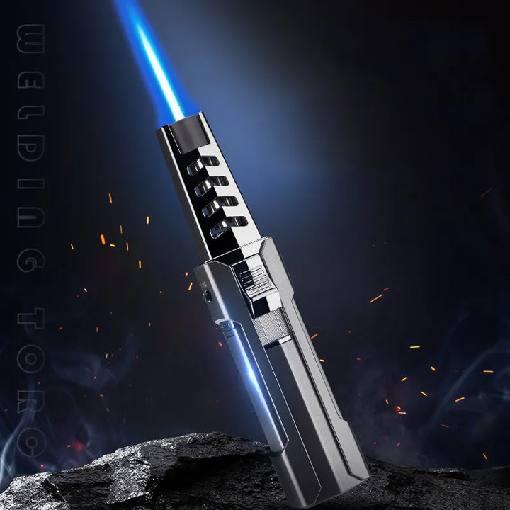 Refillable butane torch lighter for camping, hiking, and outdoor survival. Compact and wind-resistant design.