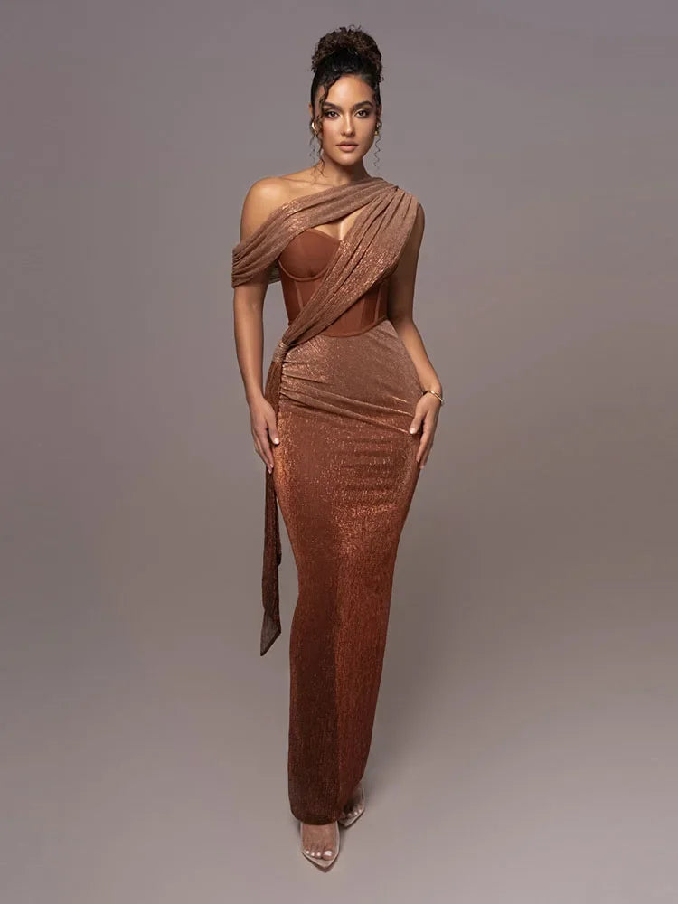 Elegant women's one-shoulder maxi dress, perfect for wedding guests or a luxurious evening party. Draped bodycon fit.