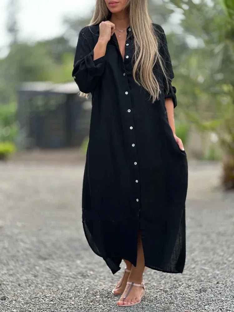 Plus size women's elegant flowy summer maxi dress. Comfortable, stylish & flattering for all body types.