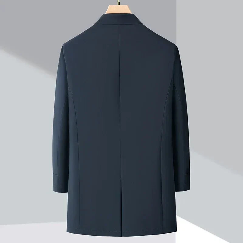 Warm men's water-repellent trench coat with down filling. Classic style, tailored fit, perfect for fall & winter fashion.