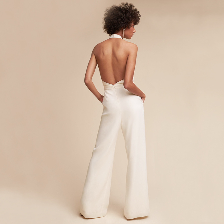 Classic women's wide-leg halter jumpsuit with a deep V, versatile elegant fashion for any summer event.