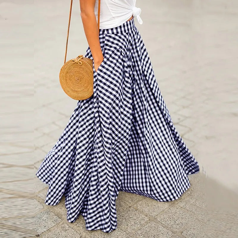 Textured blue high-waist maxi skirt, long & comfortable, perfect for women's casual fashion.