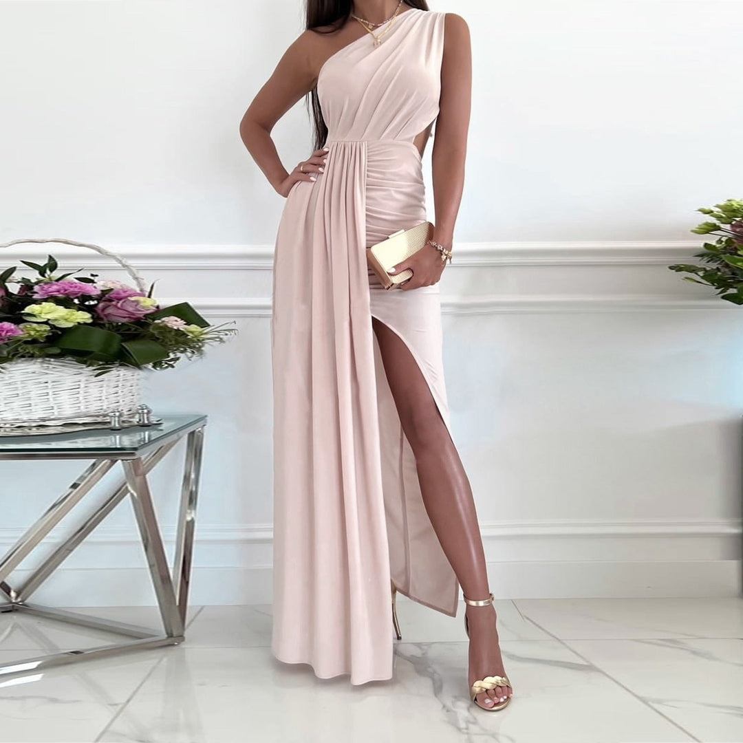 Women's blue green one-shoulder formal evening gown, featuring a draped waist and elegant split hem for parties.