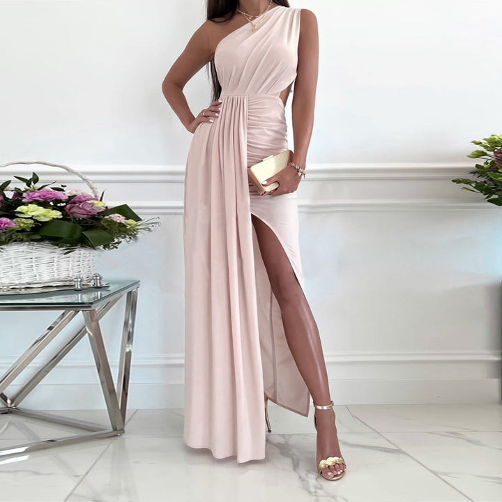 Women's blue green one-shoulder formal evening gown, featuring a draped waist and elegant split hem for parties.