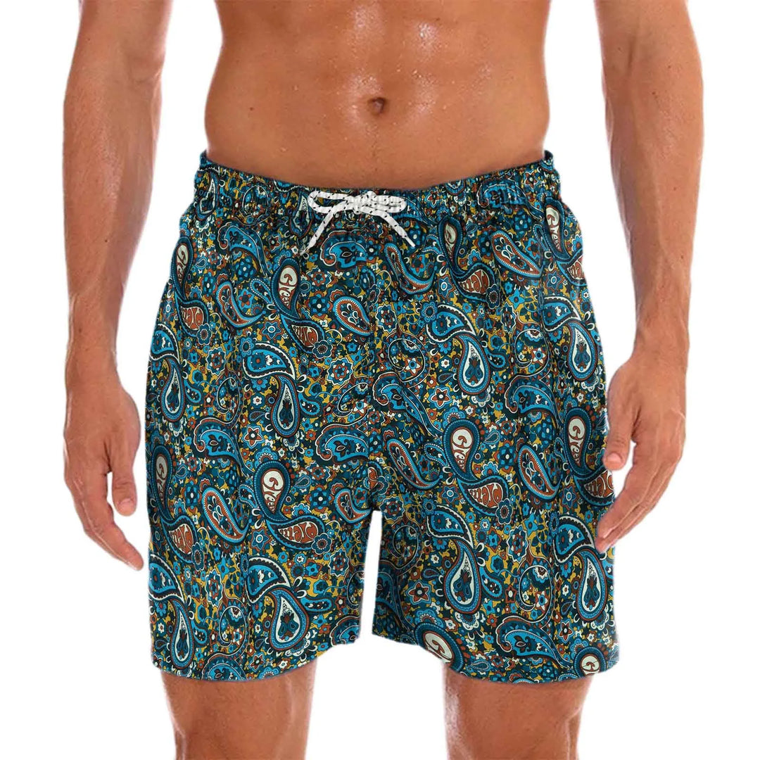 Men's quick-dry paisley print swim shorts for beachwear. Ideal for summer fashion & poolside style.