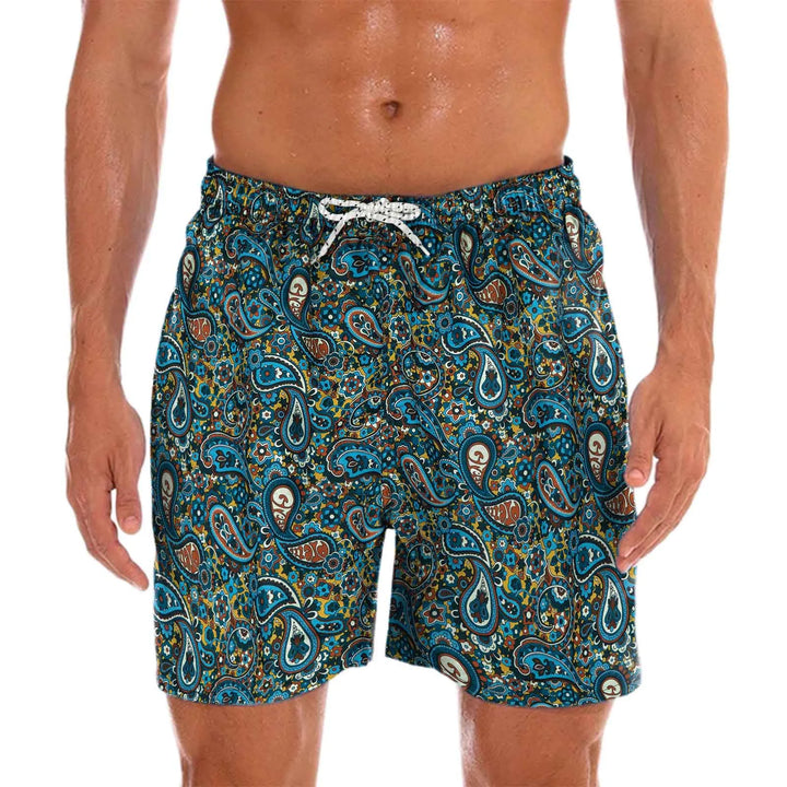 Men's quick-dry paisley print swim shorts for beachwear. Ideal for summer fashion & poolside style.