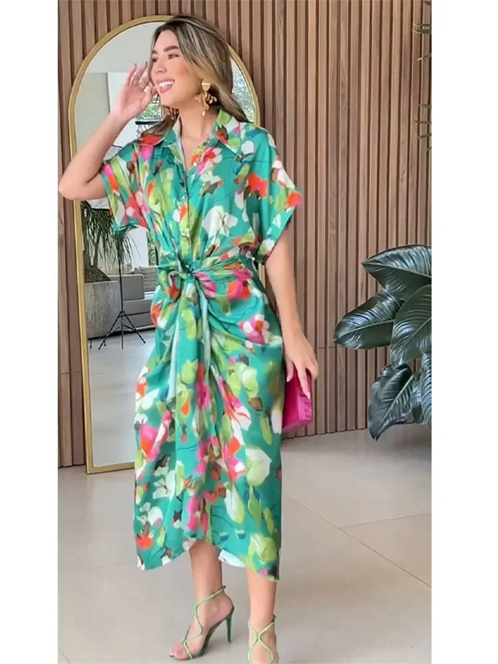 Chic women's green floral maxi dress, an elegant button-down summer dress. Comfortable and stylish long design.