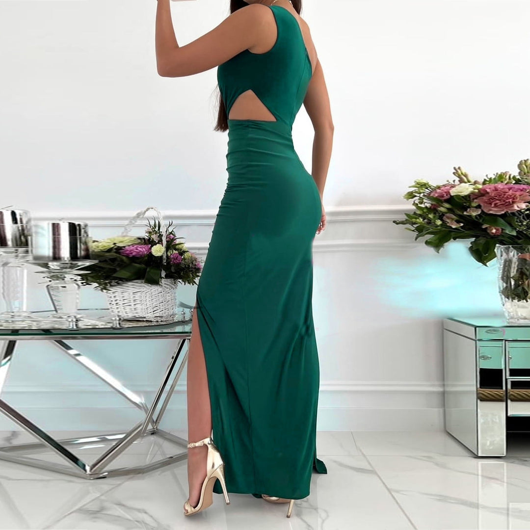 Blush pink women's one-shoulder formal dress, a maxi gown with a draped bodice, flattering waist, and elegant side split.