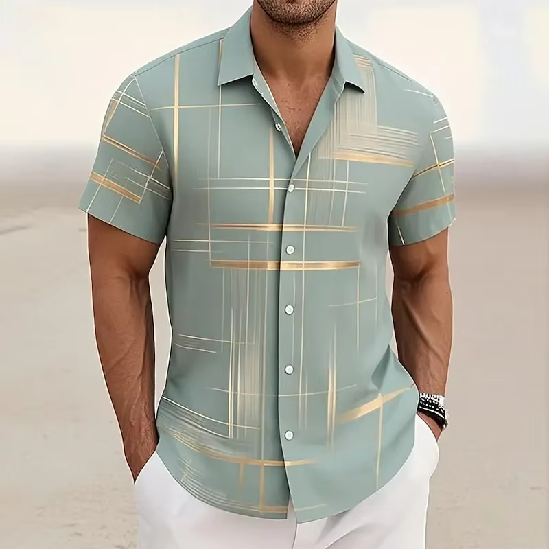 Men's short-sleeve shirt featuring a contemporary geometric pattern, stylish & versatile for summer outfits.