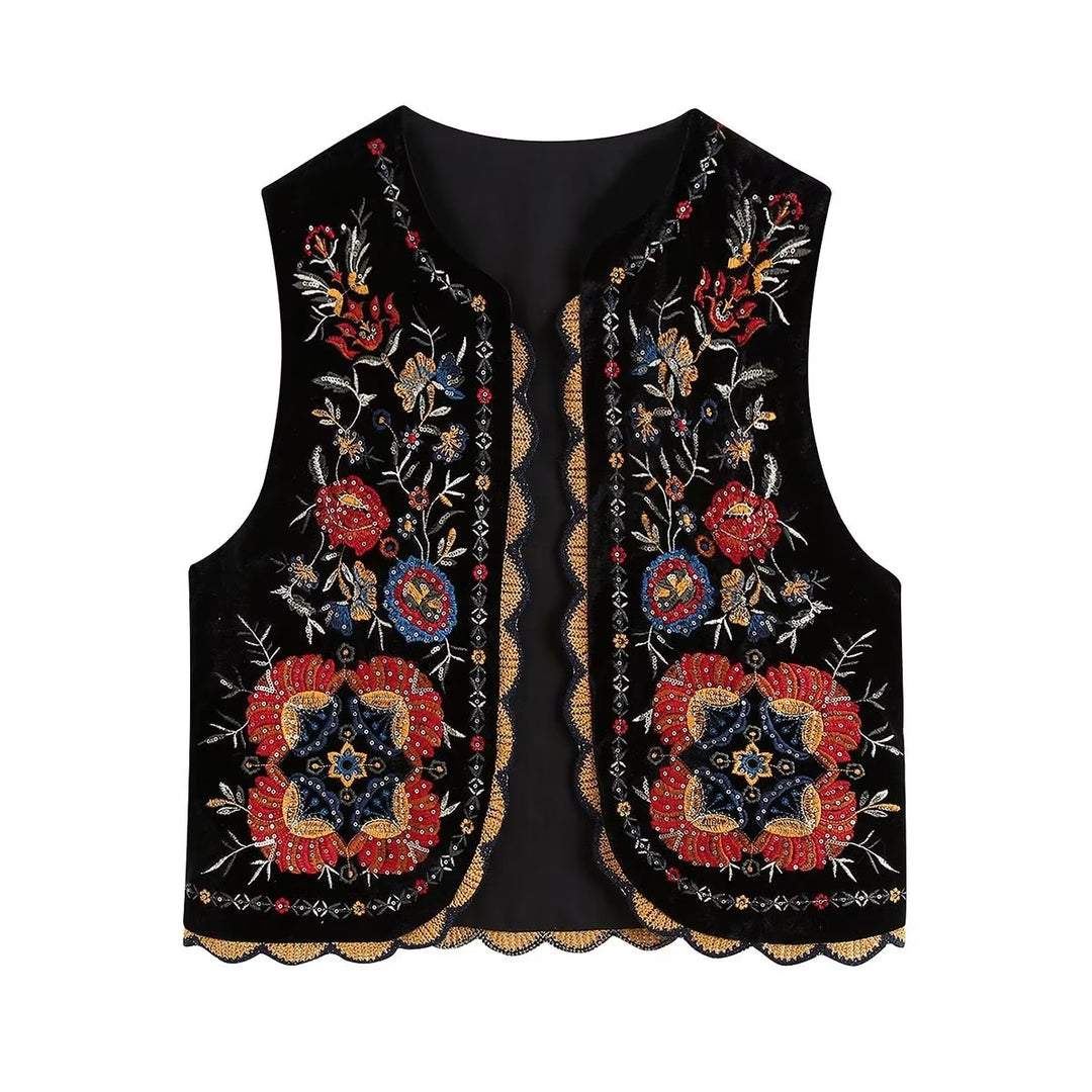 Elegant women's waistcoat, sequin floral patchwork, perfect for stylish layering in unique fashion.