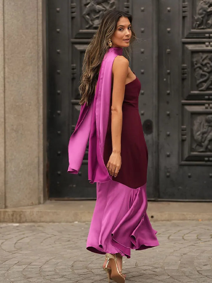 Women's formal two-tone strapless gown featuring an elegant flounce skirt and a matching shawl for special occasions.